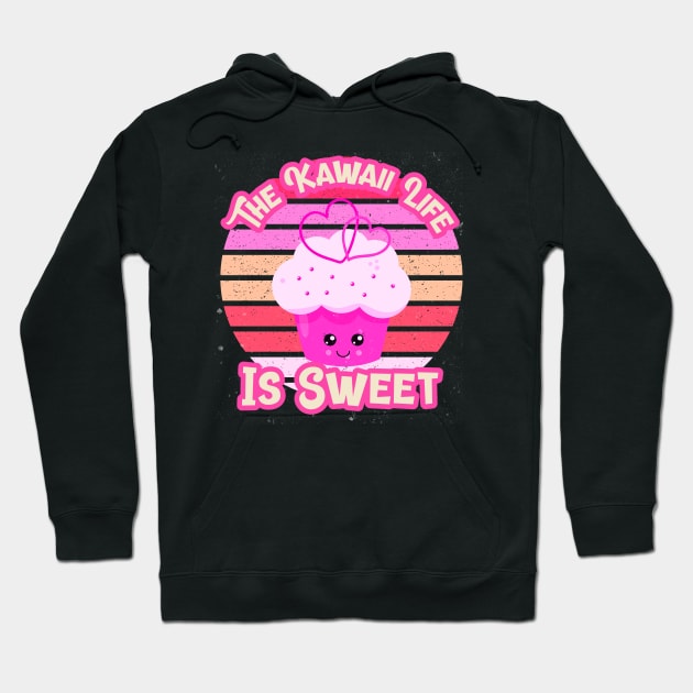 The Kawaii Life Is Sweet: Pink Cupcake With Retro Vintage Sunset Background Hoodie by ThePinkPrincessShop